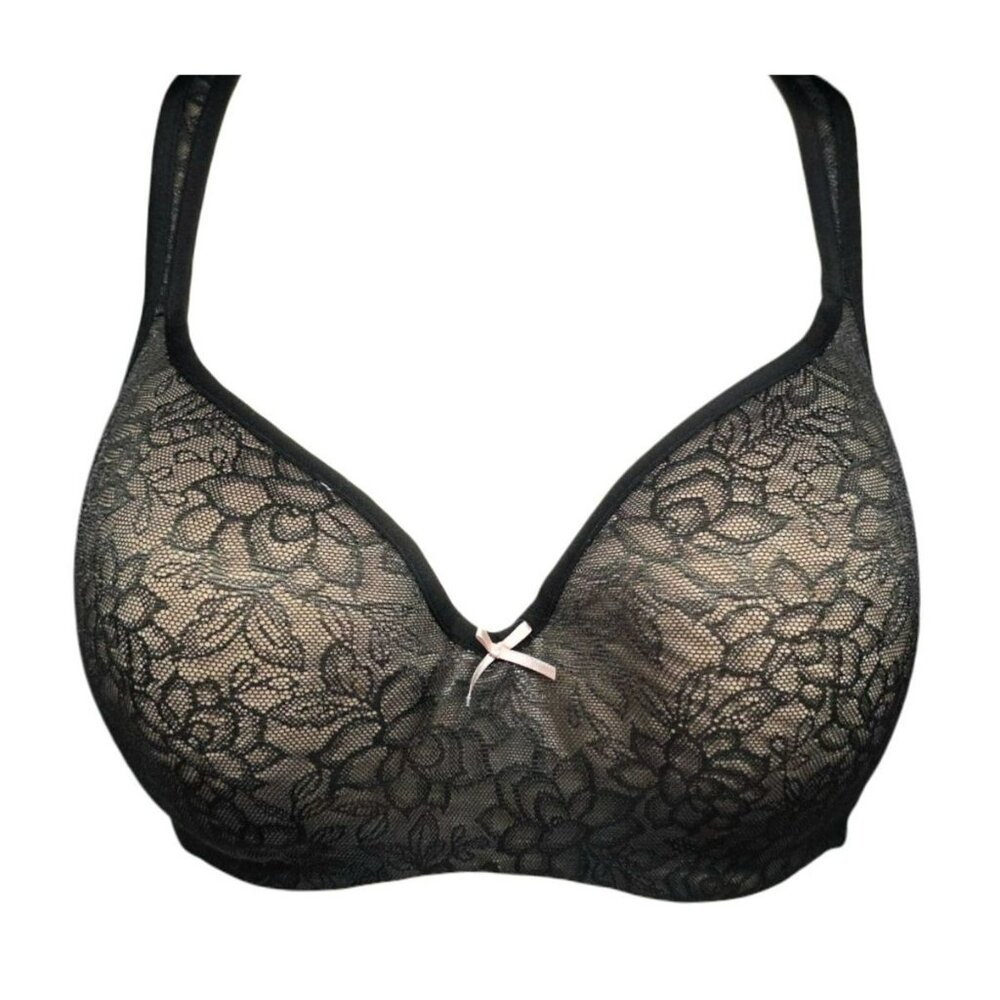 Cacique Black Lace Underwire Bra 40D Sexy Sheer Lightly Lined Balconette Support